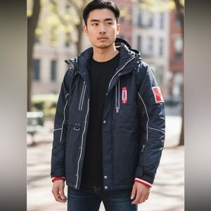 Navy Hooded Ski Jacket with Red Accents